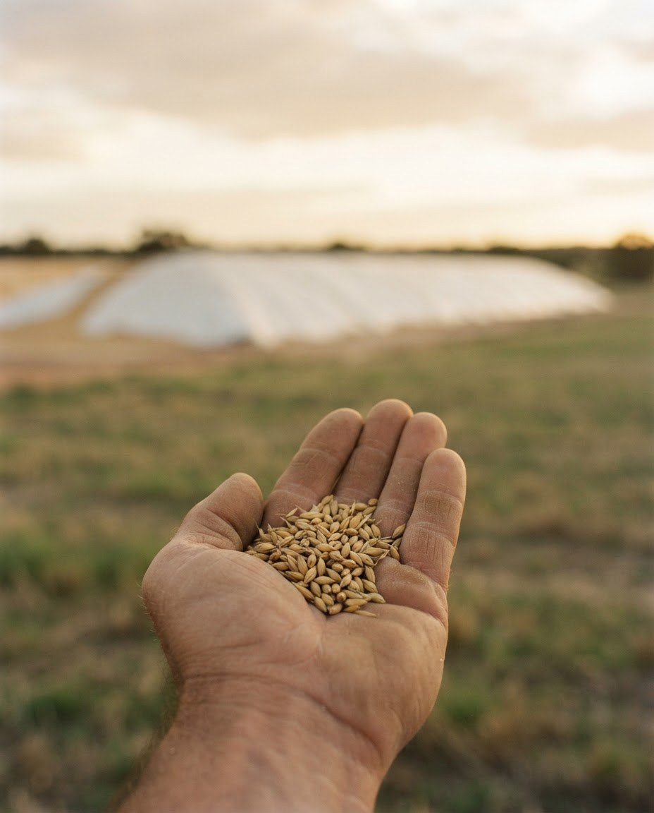 A grower's hand holding malting barley grain beside a grain storage bunker.