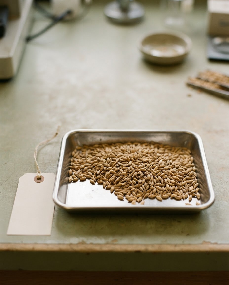Barley grain in a stainless steel sample tray on a grain-testing bench.