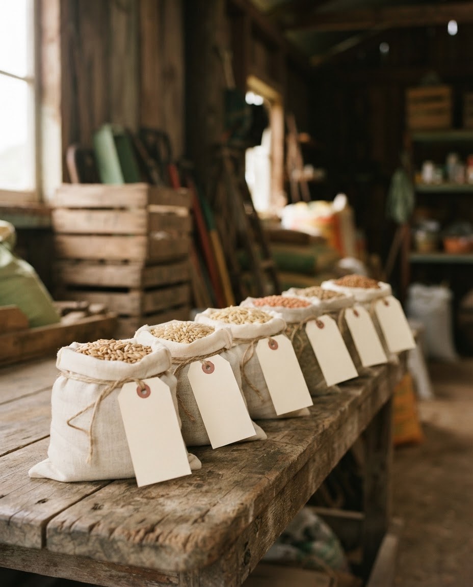 Cloth grain sample bags with blank tags on a timber bench, representing traceable supply.