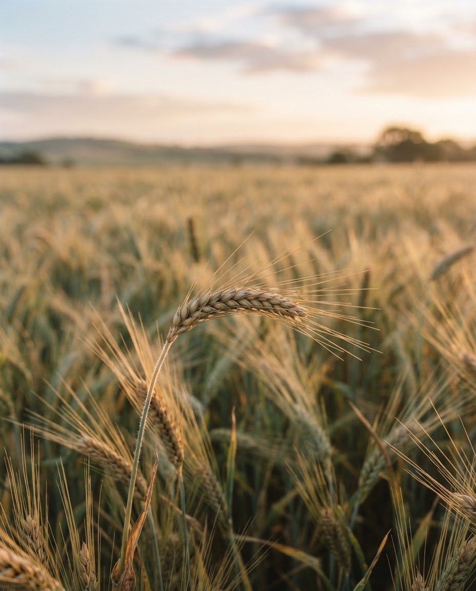 A ripe malting barley head at sunrise.