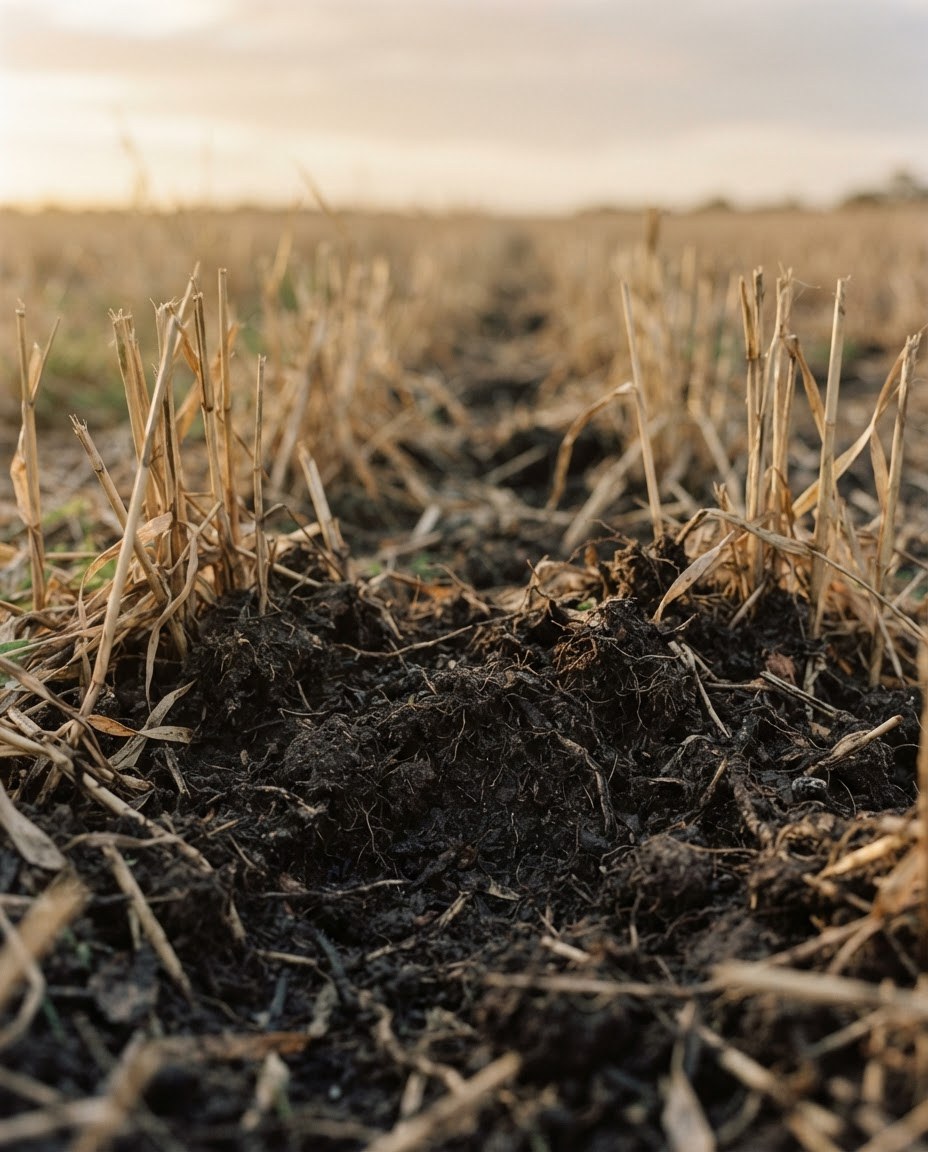 Dark soil among barley stubble in a no-till broadacre paddock.