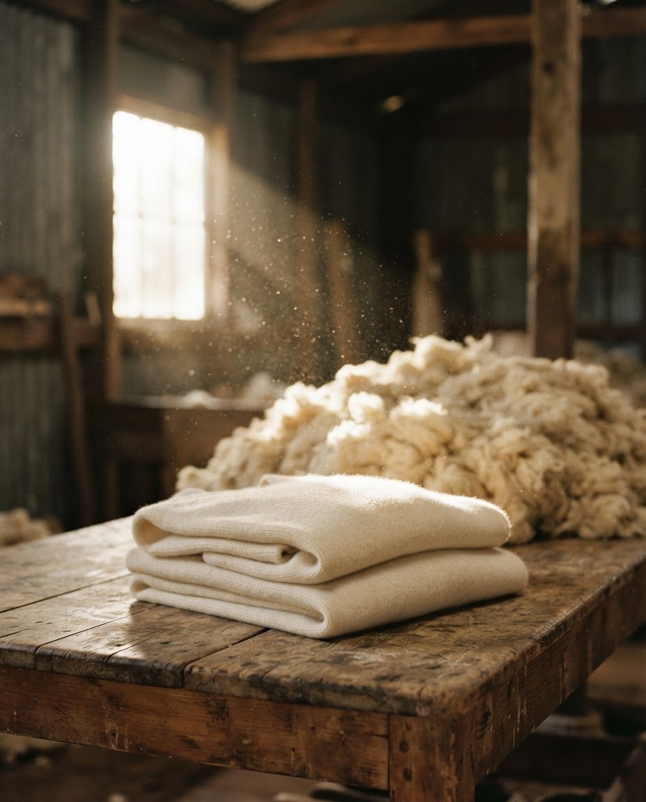 Folded cream wool knitwear on a timber table in a shearing shed, with raw fleece behind.